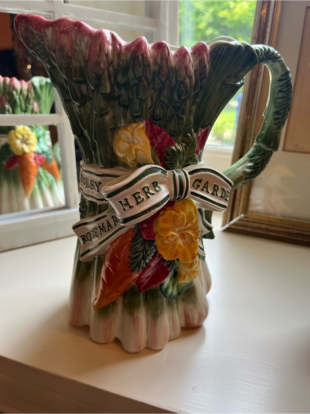 Fitz and Floyd Ceramic Herb Bundle Pitcher in Green, Pink and Yellow - Picture 9 of 9